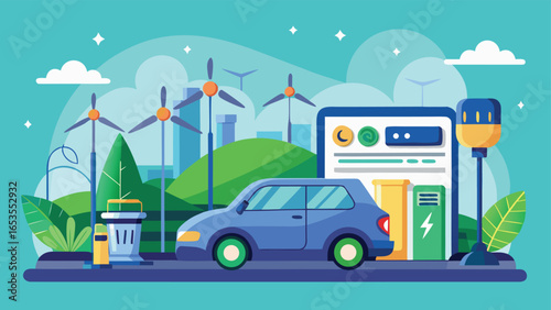 Electric Car Charging Station with Wind Turbines renewable energy transparency background