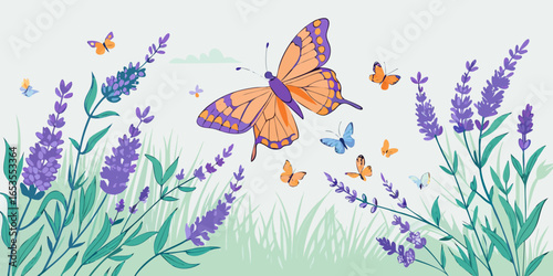 A charming vector illustration of a lavender field with tall green stems and purple flowers, populated by several butterflies of varying sizes in orange and blue, creating a peaceful natural scene.
