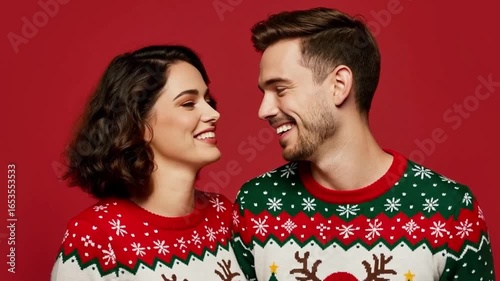 Happy couple celebrates christmas together in matching sweaters, smiling wide.