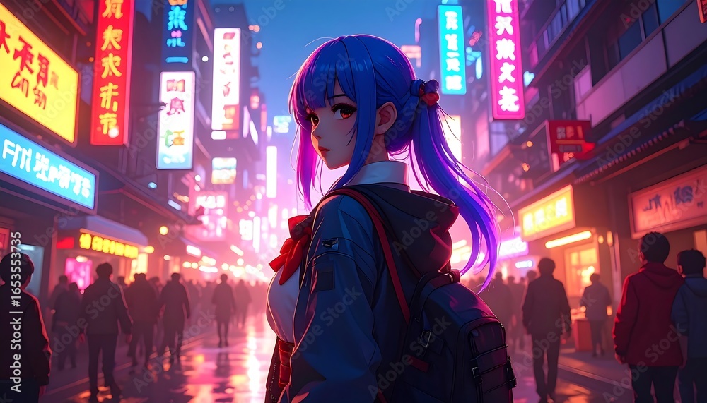 Obraz premium Anime girl in a vibrant city at night