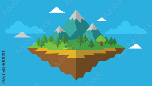 Floating island with snow-capped mountains, pine trees, and a small figure under a blue sky cloud transparency background