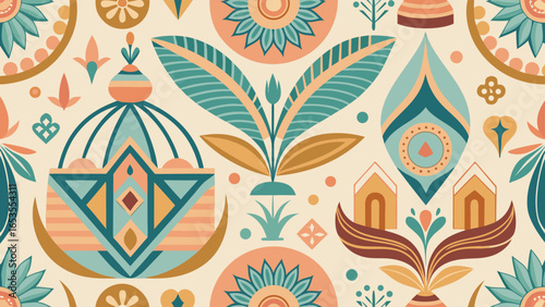 Folk Art Inspired Seamless Pattern with Stylized Flowers and Geometric Motifs in Muted Colors floral transparency background