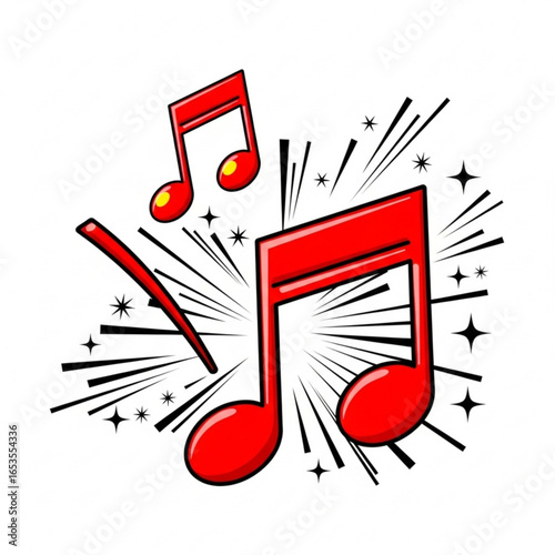 Red musical notes with radiating lines and sparkles isolated on white background