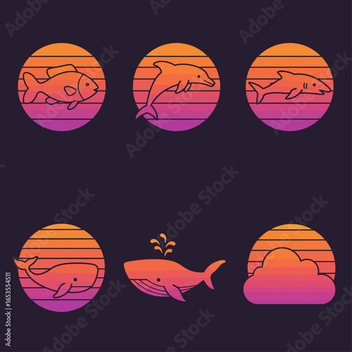 Retro sunset gradient icons featuring various marine animals including fish, dolphin, shark, and whales, alongside a cloud.
