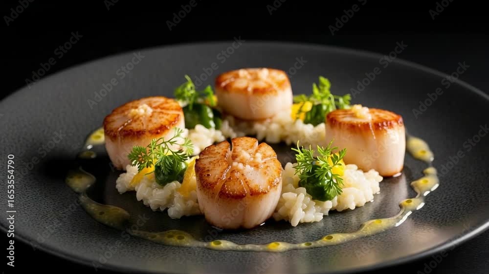 Gourmet seared scallops with creamy risotto. Elegant seafood appetizer served on a dark plate with fresh herbs and sauce. Gourmet seared scallops with creamy risotto. Elegant seafood appetizer served on a dark plate with fresh herbs and sauce.