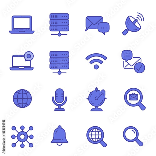 A grid of purple technology and communication icons, including laptops, servers, Wi-Fi, email, and search tools.