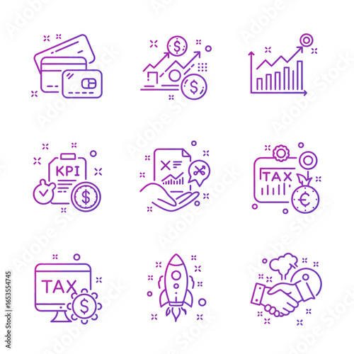A collection of gradient line icons representing various financial concepts, business growth, taxation, and investment.