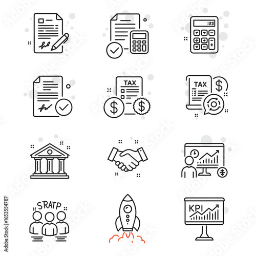 Set of business, finance, and legal line icons including contracts, taxes, banking, partnership, and growth.