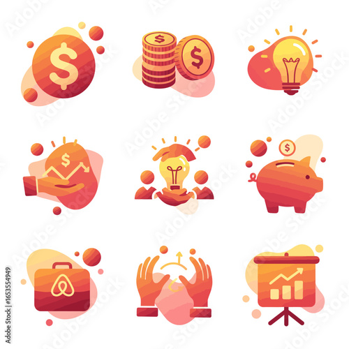 Describe the image concisely, between 6 and 180 characters, without keyword lists. The image shows various business and finance-related icons in an orange gradient style.
