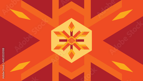 Geometric abstract pattern with symmetrical starburst and diamond shapes in warm orange and red tones transparency background