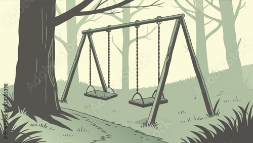 Swing set in park illustration, outdoor playground equipment, trees, nature, kids play area, drawing