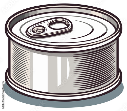 Generic metallic tin can with pull tab illustration, sealed food preservation container graphic design