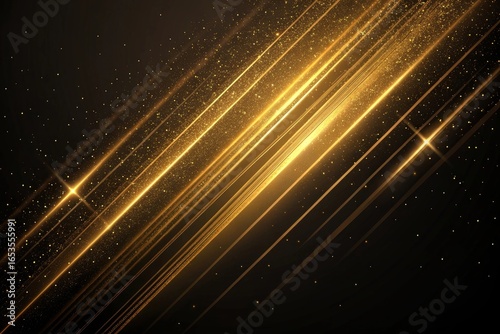 Abstract golden light streaks and shimmering particles on a dark background