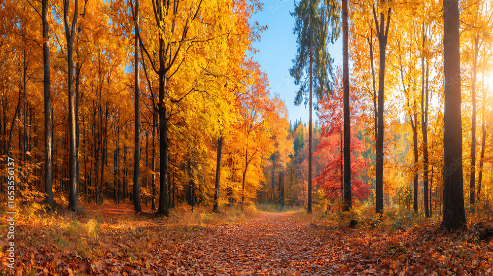 Fototapeta premium sunlight bathes forest, vibrant fall colors. golden autumn leaves blanket forest floor creating scenic view. pathway leads, creating inviting mood. forest trees, scenic background, october.