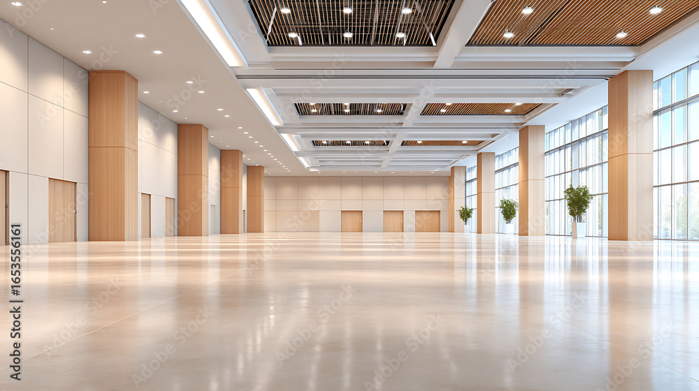 © THIBNH - vast empty convention hall with shiny concrete floor, beige walls. modern architecture of exhibition center interior, design with perspective view of metal ceiling, bright lights. commercial space © THIBNH - vast empty convention hall with shiny concrete floor, beige walls. modern architecture of exhibition center interior, design with perspective view of metal ceiling, bright lights. commercial space