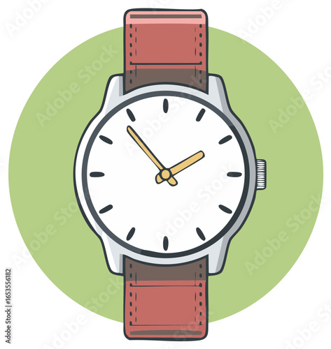 Illustration of a wristwatch with a brown leather strap on a green circular background