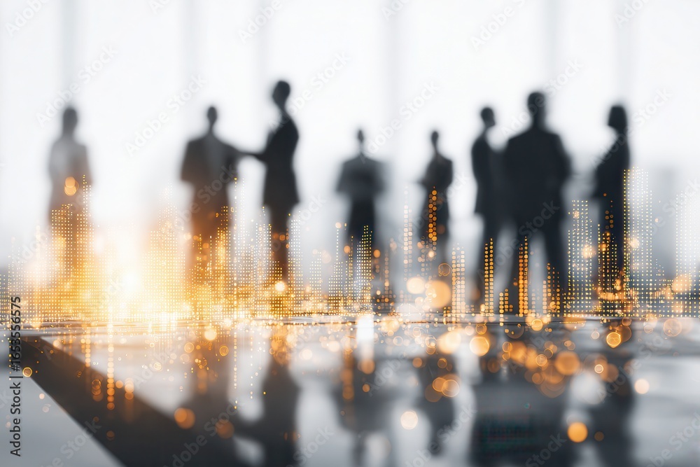 Obraz premium Silhouette of business professionals in a modern office with city lights reflection