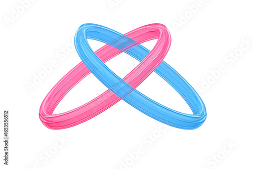 Intertwined pink and blue translucent rings, symbolizing unity, connection, and harmony, isolated on transparent background, modern abstract design, minimalistic and vibrant