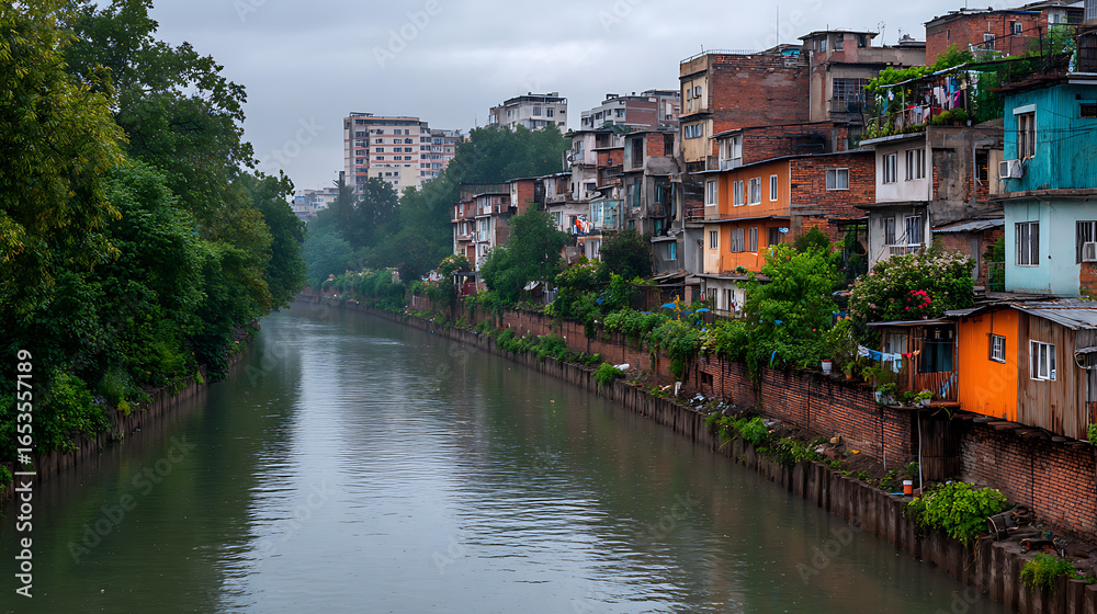 Obraz premium urban canal passes through dilapidated housing in overcast cityscape. dilapidated buildings with brick, metal, orange sheets line waterway. crowded, dense neighborhood, poor living conditions,