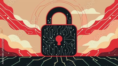 Cyber security lock- con surrounded by glowing.