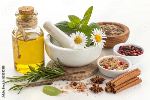Natural herbal remedies and essential oils in a mortar and pestle with various ingredients