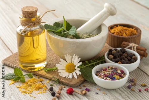 Herbal remedies and natural ingredients for traditional medicine and aromatherapy