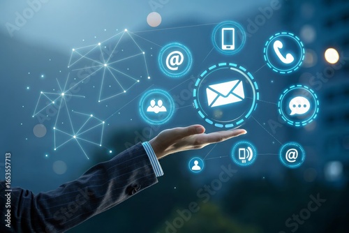 Hand presenting a network of glowing digital communication icons representing global connectivity and contact