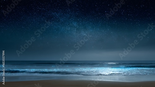 Fototapeta Naklejka Na Ścianę i Meble -  A tranquil beach scene at night, illuminated by a stunning starry sky and bioluminescent waves.