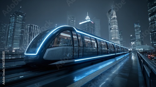 Sleek futuristic train speeds through a glowing cyberpunk city skyline at night time.