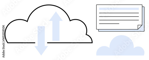 Cloud with up and down arrows symbolizes data transfer, alongside digital files. Ideal for technology, storage, collaboration, connectivity, innovation, efficiency, modern workflows simple flat