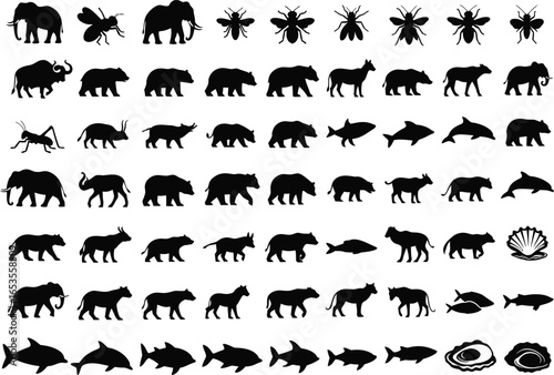 Collection of diverse animal silhouettes including elephants rhinos bears horses dolphins fish and insects on a white background