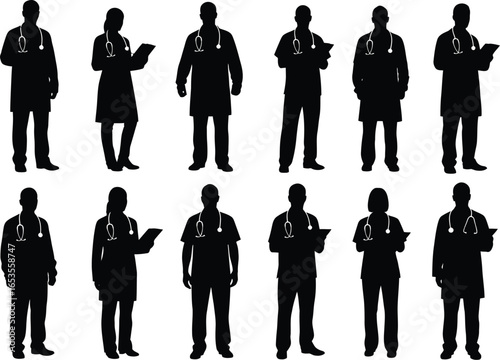Collection of diverse medical professionals in silhouette standing and holding clipboards and stethoscopes representing healthcare teamwork