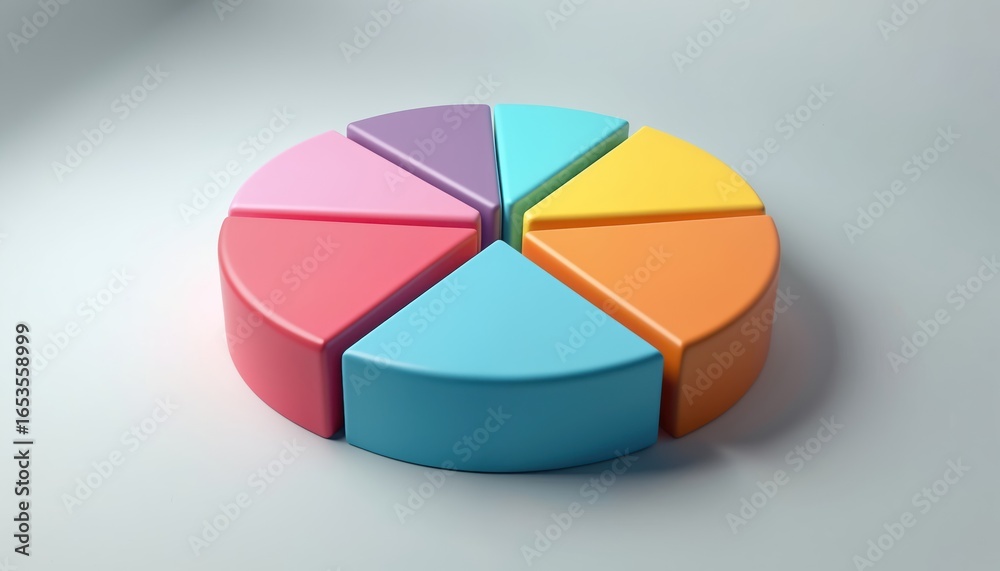 Obraz premium Colorful 3D pie chart with multiple segments on solid grey background. Generative AI illustration represents business growth, financial strategy, data analysis with vibrant colors, geometric,