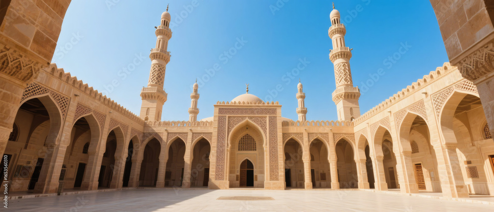 Fototapeta premium Mosque Architecture Islamic Building Minarets Courtyard Religious Stone Columns Arches Traditional Middle Eastern Cairo