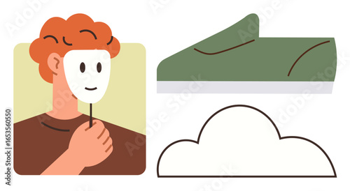 Person with mask for self-expression alongside symbolic shoe and cloud. Ideal for identity, creativity, theater, art, emotions, hidden personality, imagination. A simple flat metaphor
