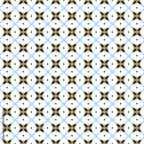 Geometric pattern of blue interlocking shapes with orange squares on a black background
