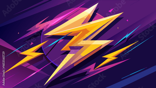 Dynamic, glowing lightning bolts in vibrant purple and yellow tones creating an energetic, impactful background. Perfect for themes of power, speed, electricity, gaming, technology, and urgent action.