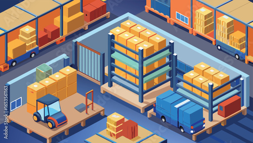 Isometric Warehouse Interior with Forklifts, Trucks, and Stacked Boxes storage logistics transparency background