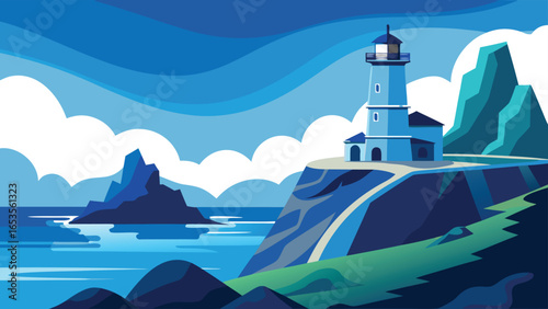 Lighthouse on a Cliff Overlooking the Ocean with Wavy Blue Sky and Clouds coast water transparency background