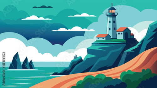 Lighthouse on a Cliff Overlooking the Sea with Dramatic Clouds ocean coast transparency background