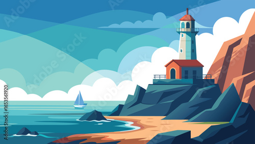 Lighthouse on a rocky cliff overlooking the sea with a sailboat in the distance ocean coast transparency background