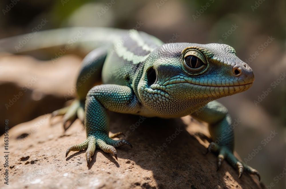 Naklejka premium A vibrant green lizard perched on a rock, showcasing its detailed scales and striking eyes.