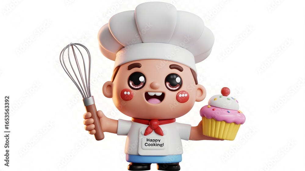 Cheerful cartoon chef holding whisk and cupcake, perfect for cooking blogs, food branding, or children's content, creating delightful visuals Cheerful cartoon chef holding whisk and cupcake, perfect for cooking blogs, food branding, or children's content, creating delightful visuals