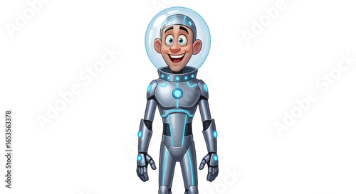 Smiling cartoon astronaut in futuristic silver spacesuit against white background.