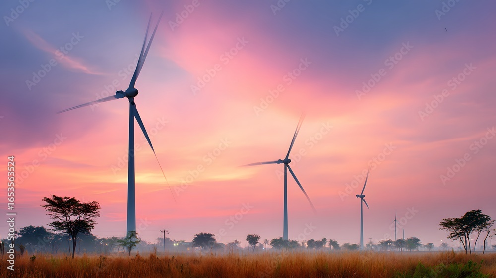 Obraz premium Silhouetted wind turbines stand tall against a vibrant sunrise, casting long shadows across a field of golden grass.