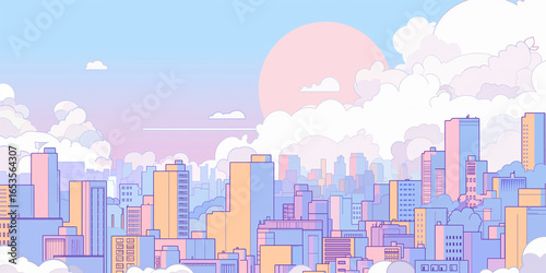 紫と水色の淡い色調が美しい高層ビル群と都市景観を1980年代の雰囲気で描いたレトロモダンな素材のイラスト。太陽と雲が浮かぶ明るい空を背景に、線画のシンプルさと余白の効果が調和する、ポップで抽象的な背景や資料デザインに活用できるおしゃれな都市イメージ。