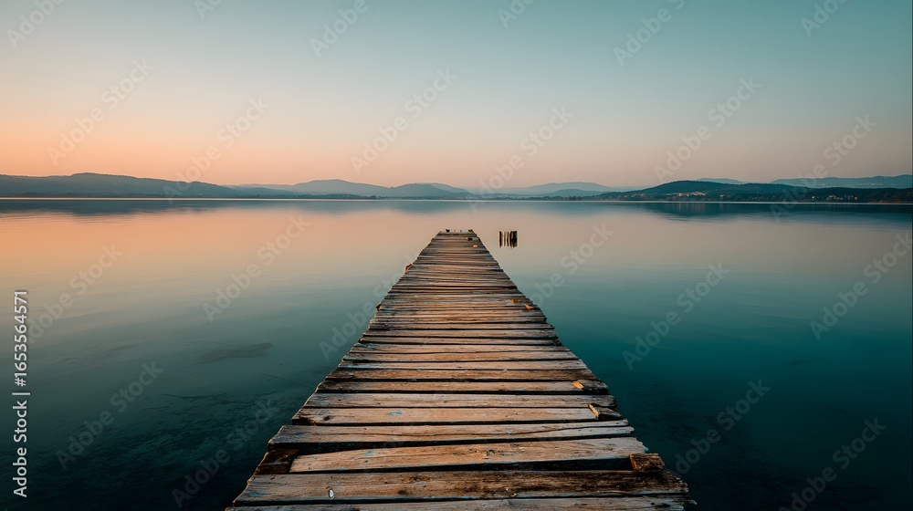 Fototapeta premium A tranquil wooden pier extends into a calm lake at sunrise, showcasing a serene and peaceful atmosphere.