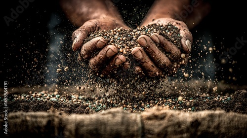 A pair of hands holding a handful of soil with various colors and textures, set against a dark background.