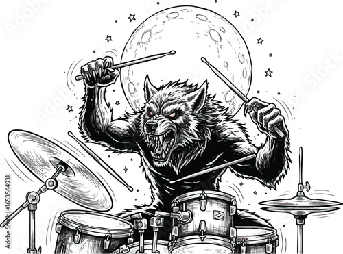 A werewolf enthusiastically playing a drum set under a full moon, performing with energy.