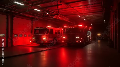 Two fire trucks parked in a dimly lit garage with red emergency lights illuminating the space